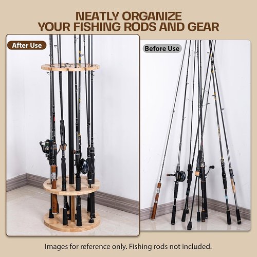 Goture Fishing Rod Holder - Garage Floor Stand for Up to 10 Rods | Solid Rubber Wood Storage Organizer