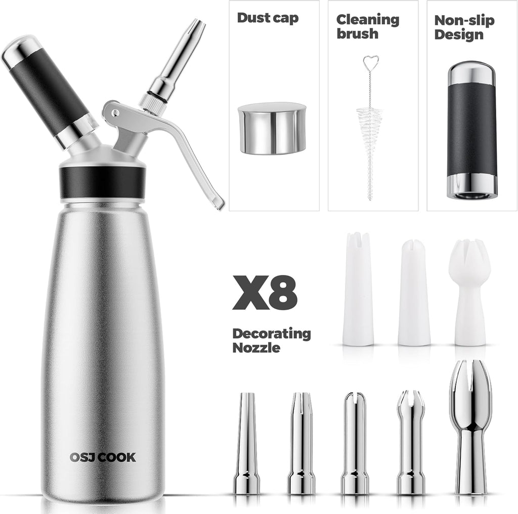 Skiennix Professional Aluminum Whipped Cream Dispenser - Leak-Free 500 mL Canister with 8 Nozzles & Brush | Silver