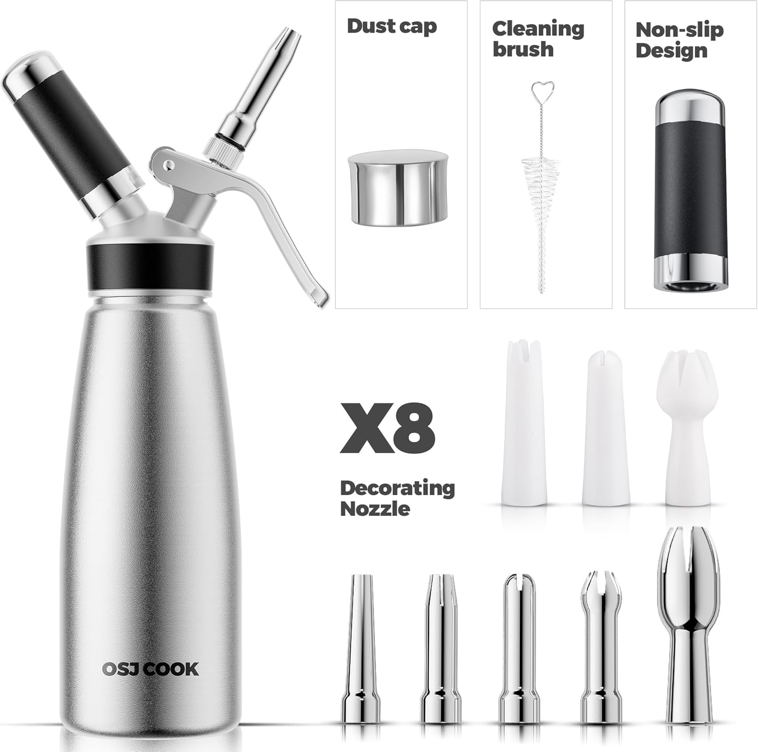 Skiennix Professional Aluminum Whipped Cream Dispenser - Leak-Free 500 mL Canister with 8 Nozzles & Brush | Silver