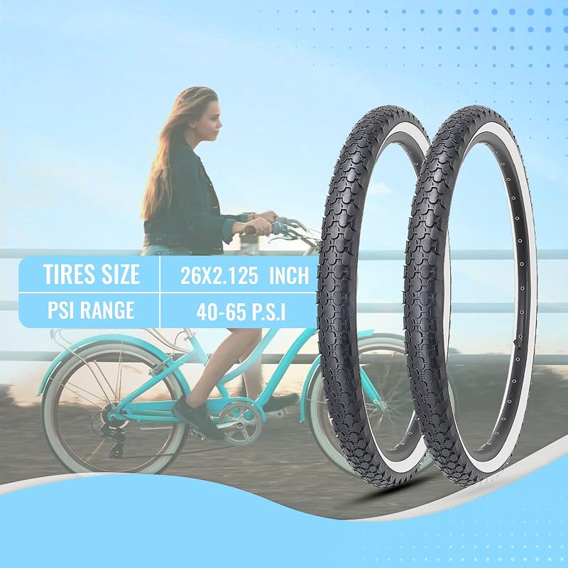 2-Pack 26x2.125 Cruiser Tire Set with Tubes & Levers - White Wall, Knobby Tread (Variation: White Sidewall+26x2.125)