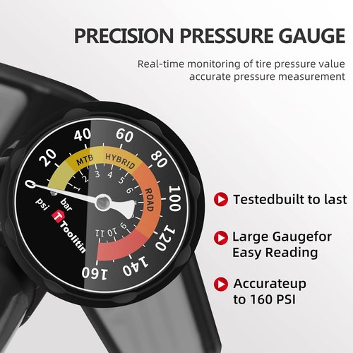 **TOOLITIN Bike Pump - High Pressure 160 PSI Floor Pump with Gauge | Compatible with Presta & Schrader Valves**