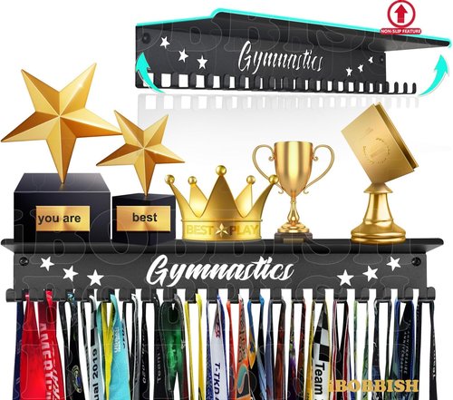 iBobbish Metal Medal Hanger Display,Non-Slip Trophy Shelf with 20 Hooks,Wall Mount,Heavy Duty,Non-Bent,Holds 22-33lbs,for Gymnastics,Race,Soccer,Swim