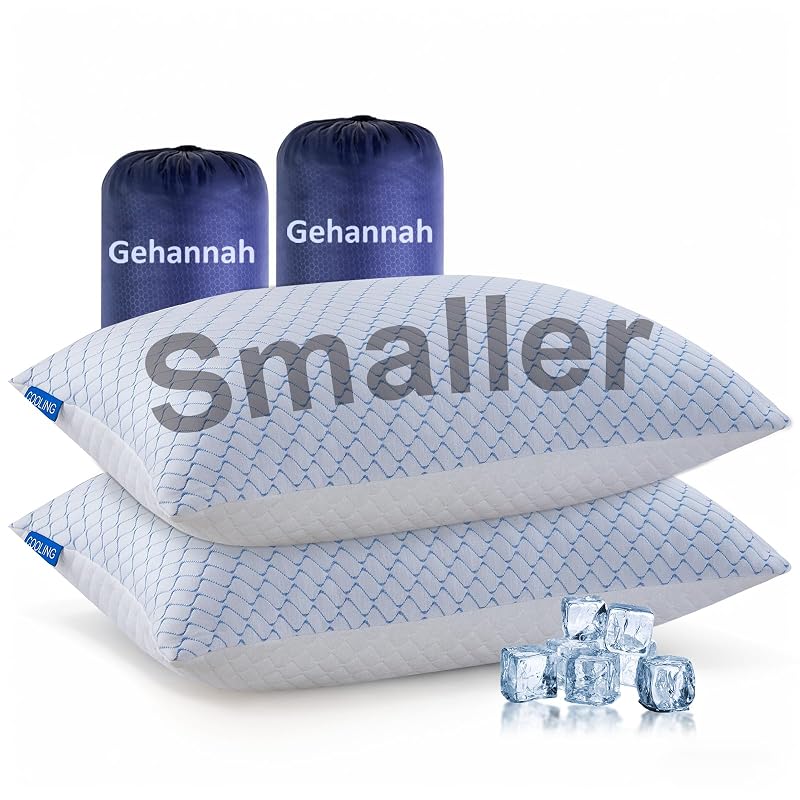 Travel Pillow - Small 2 Pack with Compressible Shredded Memory Foam (Blue White) and Storage Bag