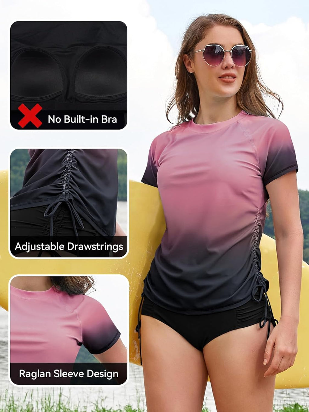 Shekini Women's Swim Shirt - UPF 50+ Short Sleeve Rash Guard with Adjustable Tie | UV Sun Protection