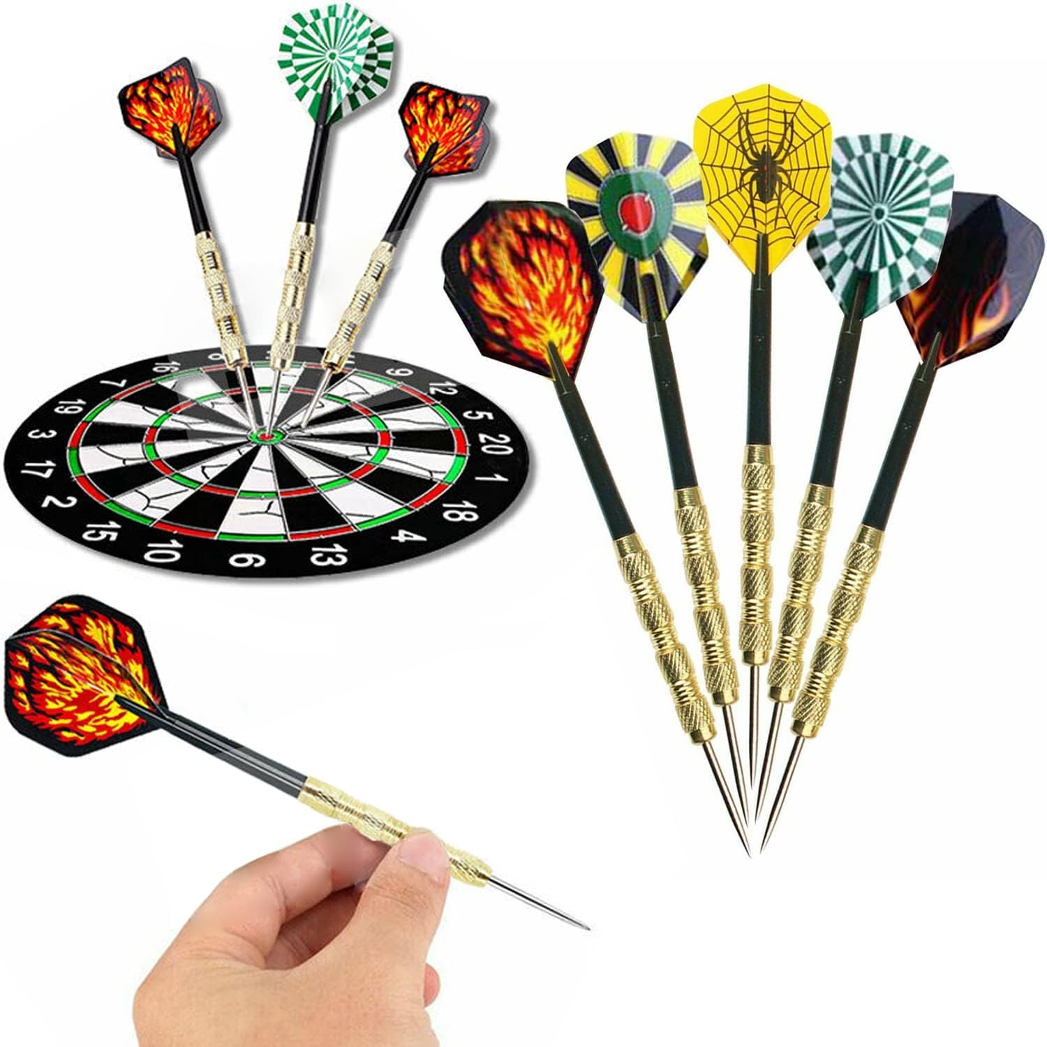 Steel Tip Darts - 18 Pack Professional Metal Dart Set with 24 Unique Flights for Dart Boards