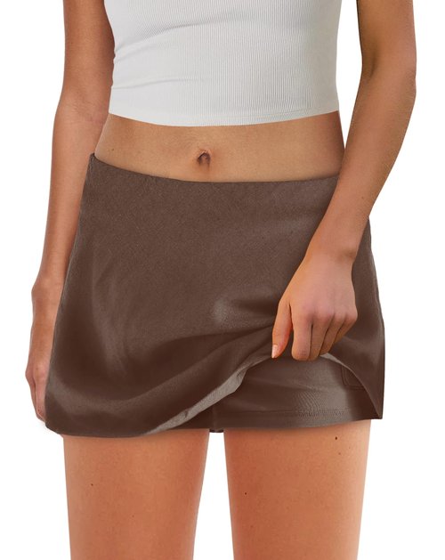 SENSERISE Womens Cotton Linen Skorts Mini Skirt with Shorts Underneath Short A Line Skirts Summer Beach Outfits(Coffee Brown,M)
