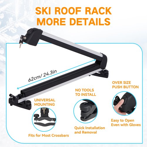 Ski& Snowboard Roof Racks, Ski Roof Racks with Anti-Theft Lock Racks Carrier for Snowboards Universal Ski Top Holder Fits for Square/Aero/Oval Cross Bars, Silver, Large