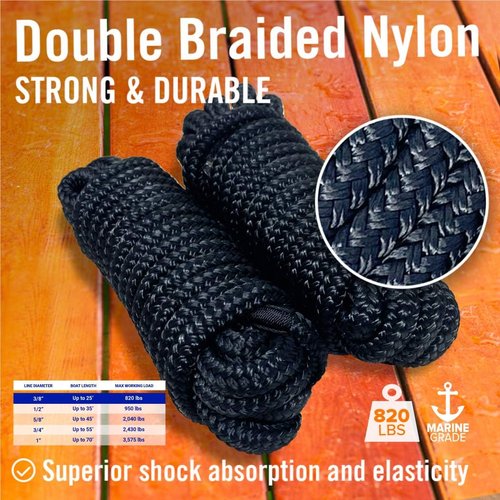 Better Boat Dock Lines - 3/8" x 15ft Double Braided Nylon Rope, Marine Grade Mooring Line, Black