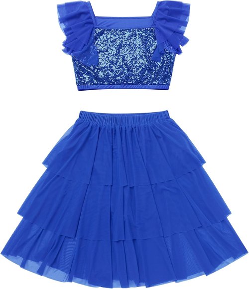 Lyrical Dance Dress - Women's Sparkly Sequins Crop Top with Tiered Chiffon Midi Skirt