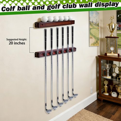 Wall Mounted Golf Club Display Rack, 2 Pack Wooden Golf Putter & Wedge Holder with 6 Secure Clips, Golf Ball Display Shelf, Premium Wall Storage & Organizer for Home, Office, Man Cave, Pro Shop