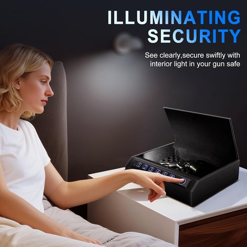 Biometric Gun Safe - Quick Access Fingerprint Pistol Safe for 2 Handguns | Silent Mode, LED Light & Steel Cable