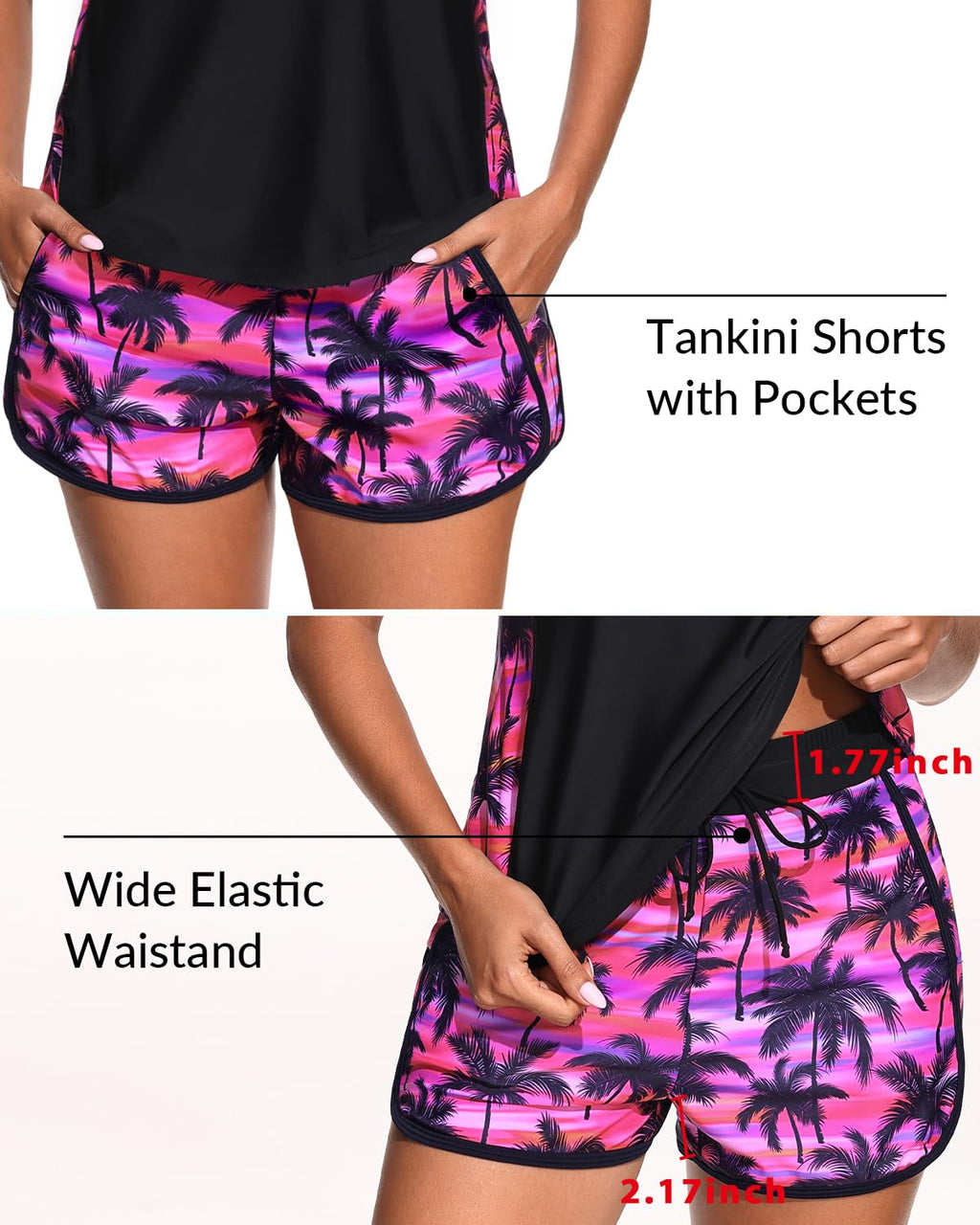 Yonique Women Tankini Swimsuit with Shorts - Tummy Control Two Piece Bathing Suit Swimwear with Sporty Pockets Pink Palm XL