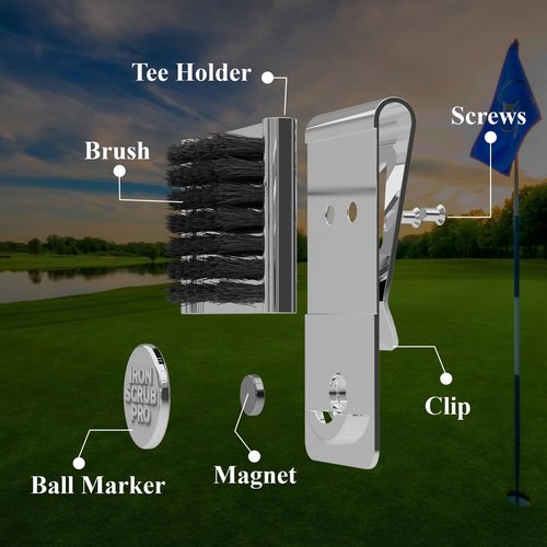 Iron Scrub Pro Golf Club Cleaner with Tee Holder, Ball Marker, Magnet, Clip, Chrome