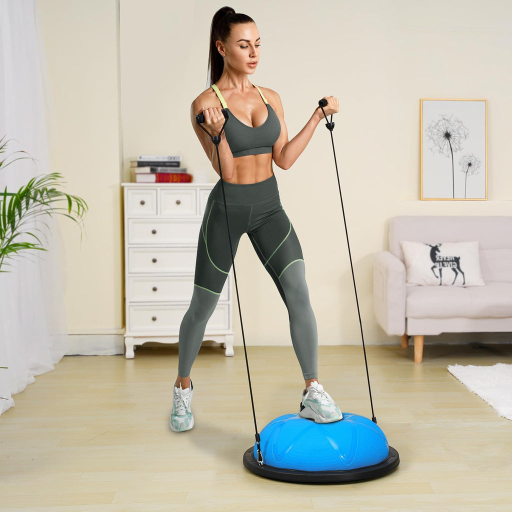 VEVOR 23-inch Half Exercise Ball Trainer, 660 lbs Capacity Balance Ball, Includes Resistance Bands and Pump, Ideal for Full Body Workouts, Yoga, and Strength Training at Home Gym, Blue2