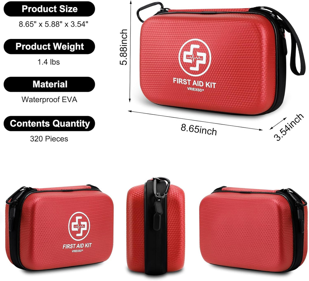 VRIEXSD Premium First Aid Kit - 320-Piece Waterproof Hard Shell for Home, Camping, Travel & Emergencies - Red