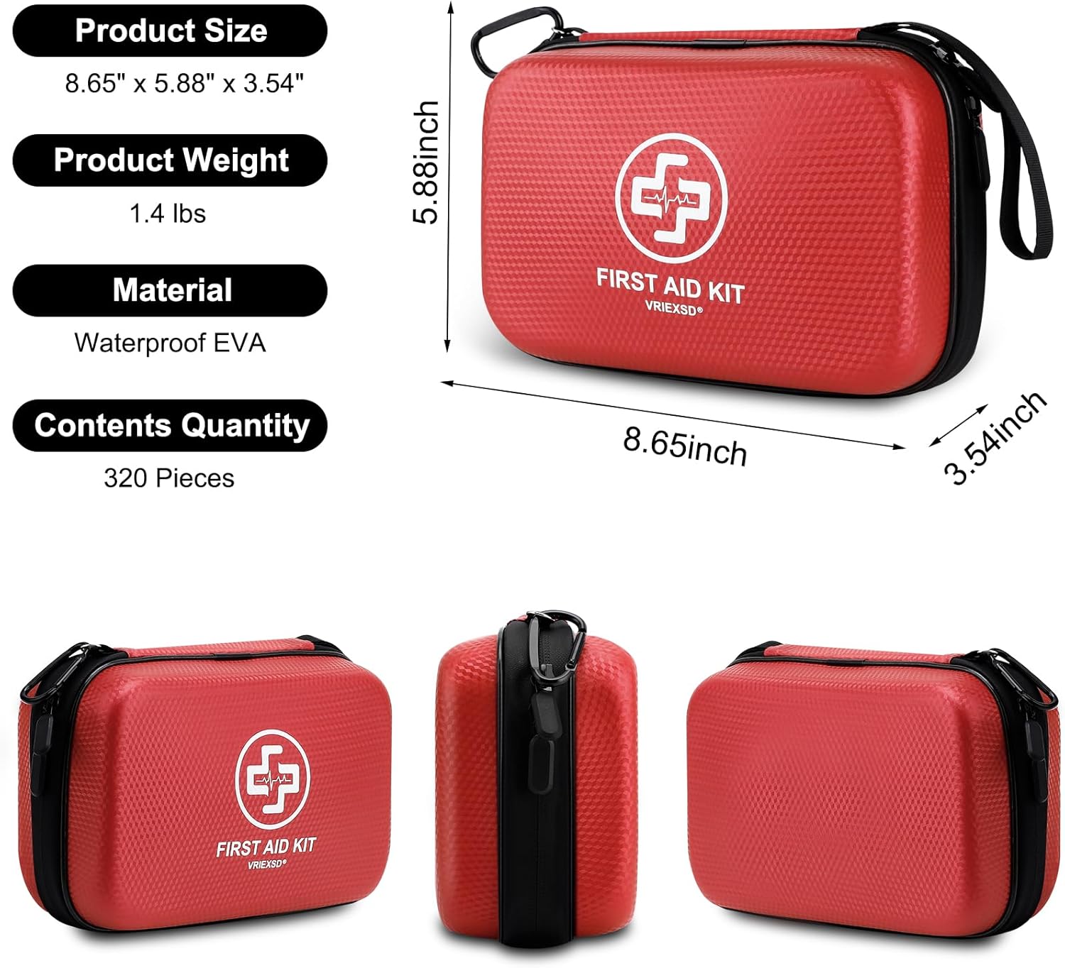 VRIEXSD Premium First Aid Kit - 320-Piece Waterproof Hard Shell for Home, Camping, Travel & Emergencies - Red