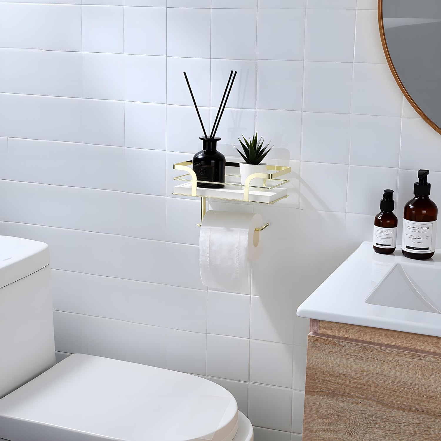 Skiennix Toilet Paper Holder - Modern Bathroom Decor with Shelf | Wall-Mounted, White Wooden Design