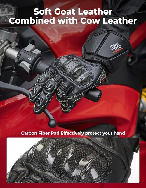 KEMIMOTO Leather Motorcycle Gloves - ESA Cushioning & Kevlar Carbon Fiber Knuckle Protection | Unisex Riding Gear