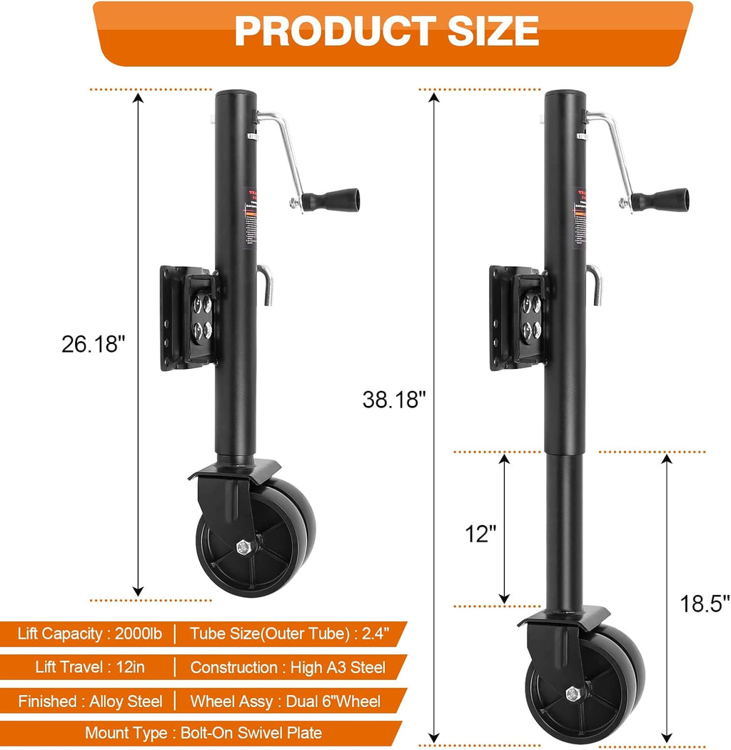 Swivel Boat Trailer Jack - 2000 lbs Heavy Duty Marine Jack with 6" Dual Wheels & 12" Lift Travel