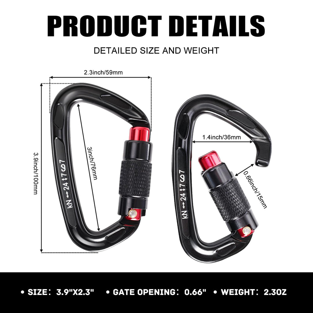 Screwgate Climbing Carabiner Clips with an Auto Locking Heavy Duty Carabiner Clip, Suitable for Rock Climbing, Rappelling, Rescue, Hammock, Aerial Work, Camping, etc(2 Packs of D Ring Carabiners)