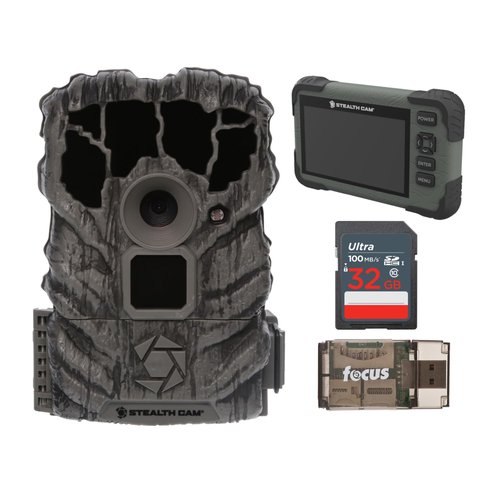 Stealth Cam SD Card Reader/Viewer with 4.3-Inch LCD Touch Screen and Touch Detection Bundle with 14MP Trail Camera with Video, 32GB Memory Card, and All-in-One Card Reader (4 Items)