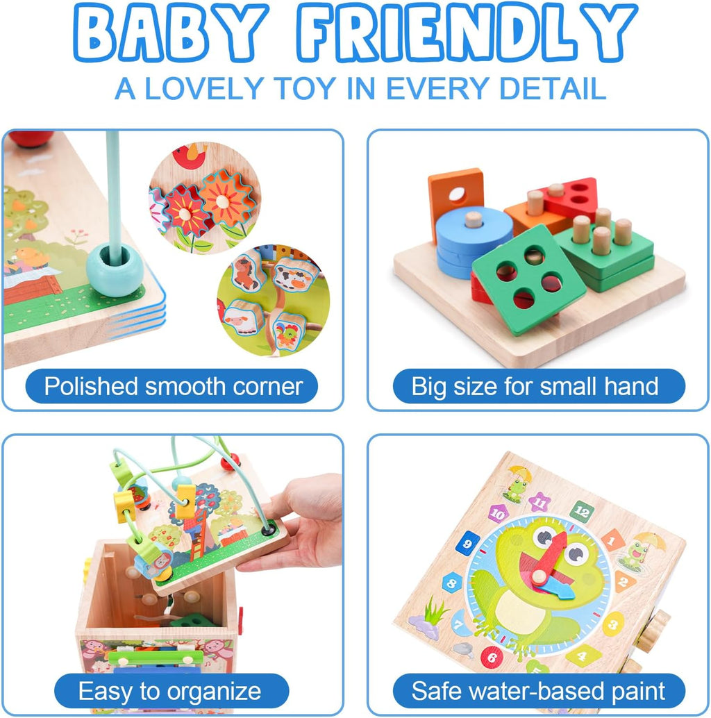 Wooden Activity Cube - Montessori Educational Toy for Toddlers 1-3 Years | Perfect 1st Birthday Gift | Includes Bonus Sorting & Stacking Game (Pink)