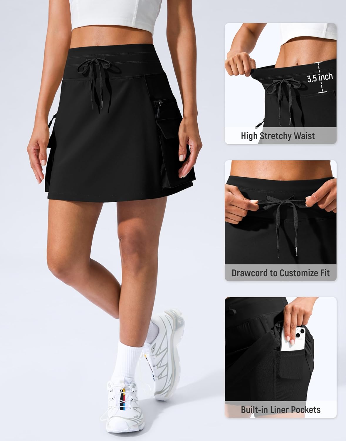 SANTINY 16" Cargo Skort - High Waisted with 6 Pockets for Golf, Travel & Hiking | Women's Summer Casual Wear