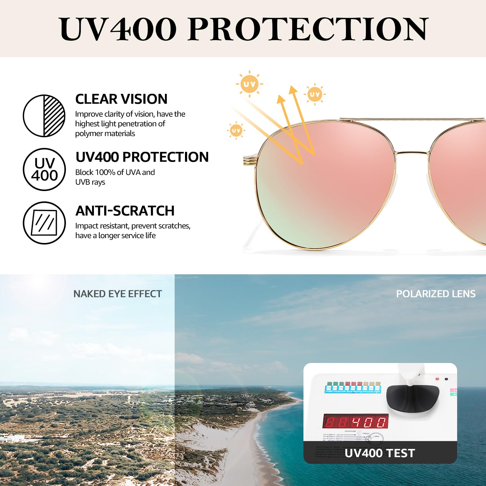 TJUTR Tangle Free Aviator Sunglasses for Women & Men, Polarized UV Protection Trendy Shades, No-Snag Metal Frame Glasses