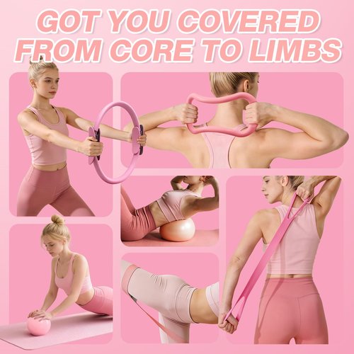 SUOOCH Pilates Ring Set for Women, Pilates Equipment Set, Pilates Kit for Home Workouts with Resistance Bands, 12'' Magic Circle, Mini Ball, Toning and Flexibility, Non-Slip Socks, 13 Pack, Pink