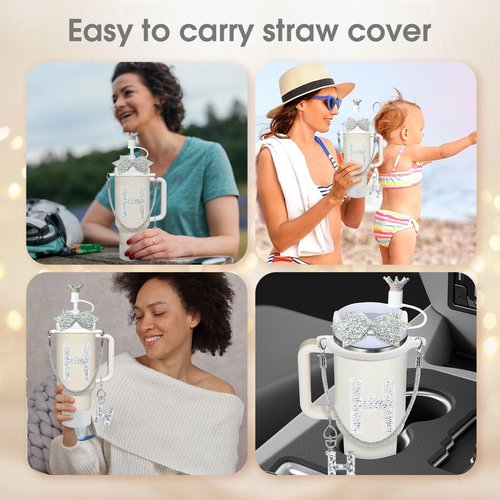 8Pcs Silvery Stanley Cup Accessories Set for Stanley Cup 30&40 Oz Tumbler - Silicone Straw Cover Cap and Boot, Handle Letter Charm, Bow Decoration Initial Sticker, Diamond Water Bottle Handle Strap(H)