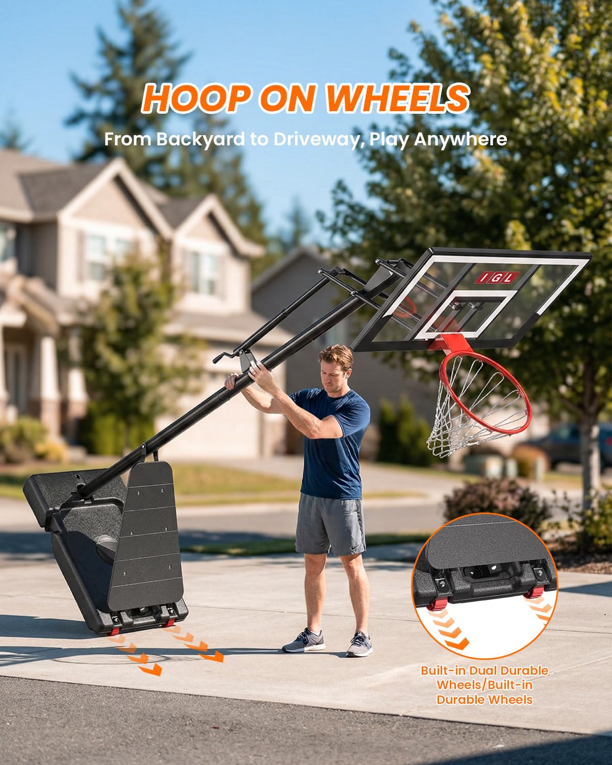 IGL Basketball Hoop Outdoor 40 Inch, Height Adjustable 5.5-10 FT, Portable Basketball Goal with Shatterproof Backboard for Kids Teens Adults, Backyard Driveway