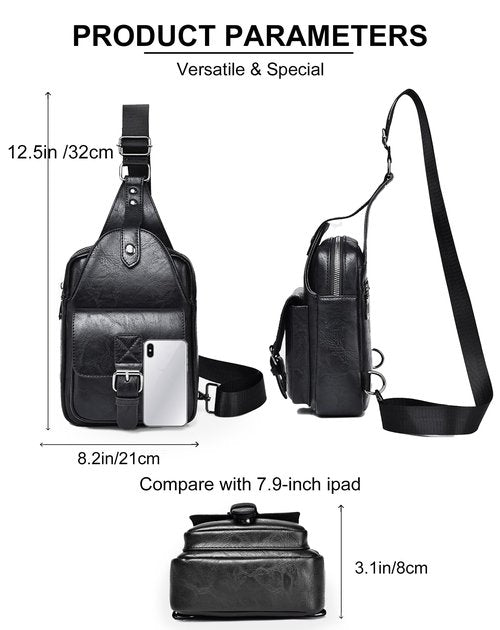 Geanbun Men's Leather Crossbody Sling Bag - Anti-Theft Multi-pocket Shoulder Bag for Hiking Trave (Black)
