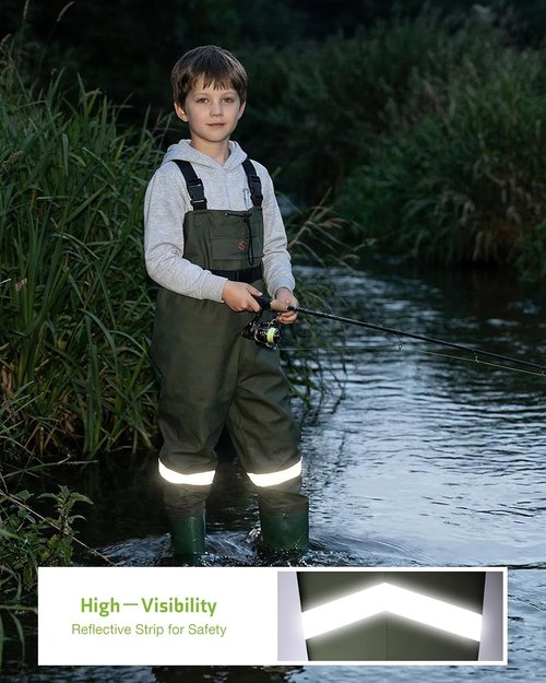 HISEA Kids Chest Waders - Youth Waterproof Fishing Waders with Boots | PVC Design & Reflective Safety Band