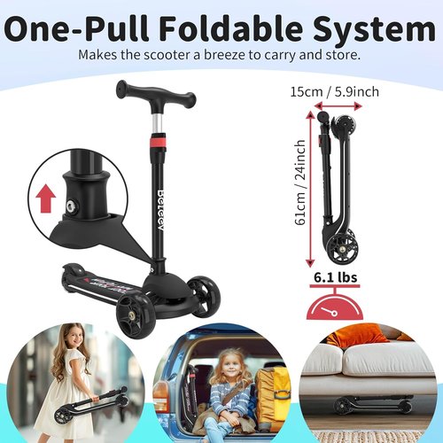 BELEEV A9 Kids Scooter - LED Light-Up Wheels & Deck, Adjustable Handlebar, 3-Wheel Design for Ages 3-12