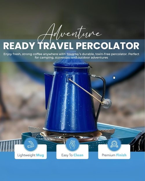 Toughty Enamel Coffee Percolator – 12-Cup Stovetop Camping Coffee Pot for Open Fire, Grill, or Gas Stove – Durable, Old-Fashioned Percolator with 2 Enamel Mugs for Outdoor Brewing - Blue