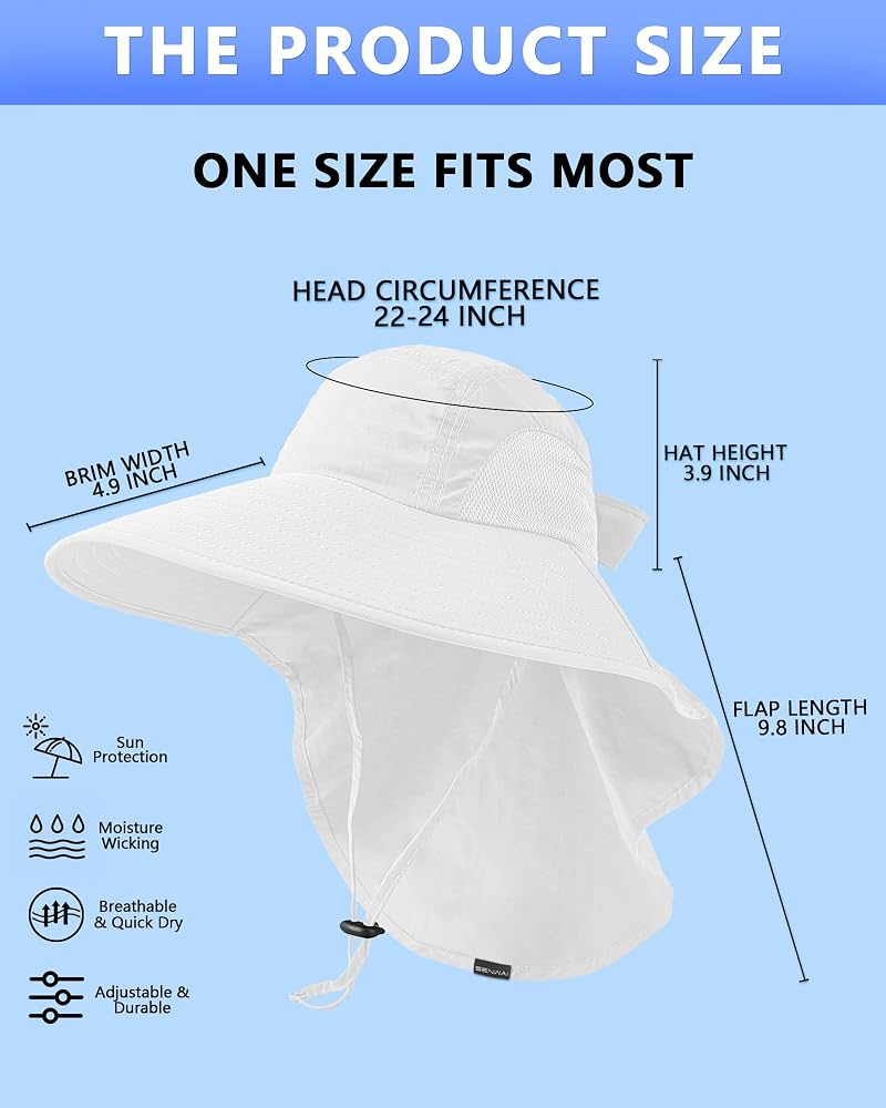 White One Size Sun Hat with Ponytail Hole and Neck Flap - UPF50+ Outdoor Fishing & Hiking