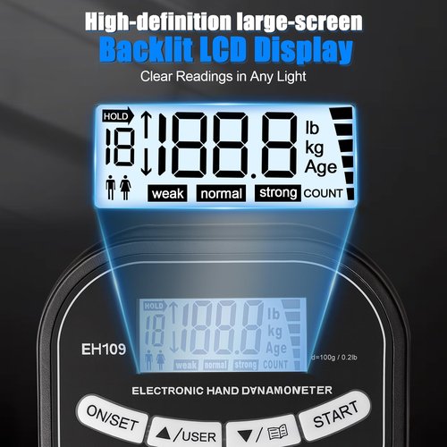 Grip Strength Tester 400 lbs/180 kg with Backlit LCD Display, Digital Hand Grip Dynamometer Records Up to 19 Users, Adjustable Grip Strength Trainer 11–220 lbs for Sports, Rehab, Home & School Use (BLACK)