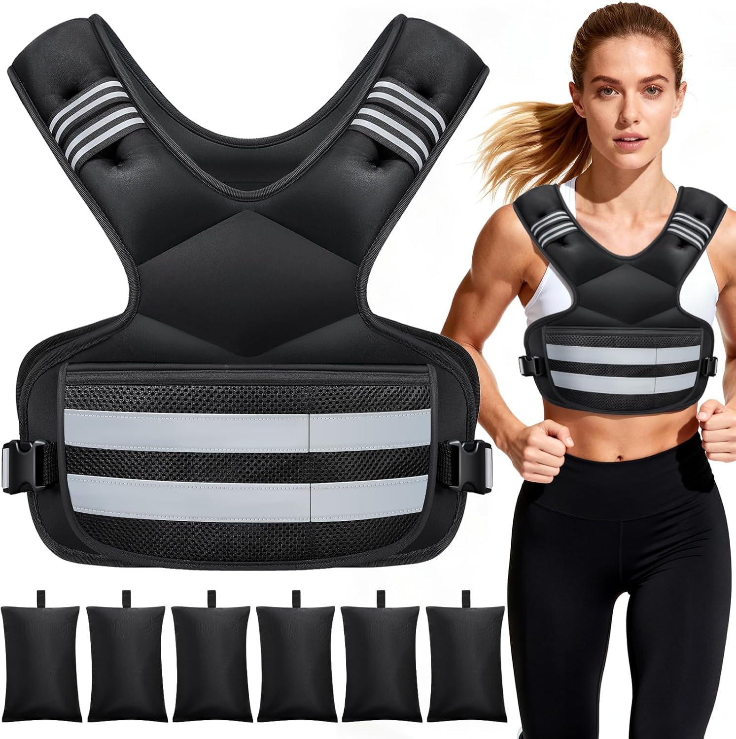 Skiennix Weighted Vest - Adjustable 4-32lb Rucking Vest with Storage Pocket & Reflective Stripes for Workouts