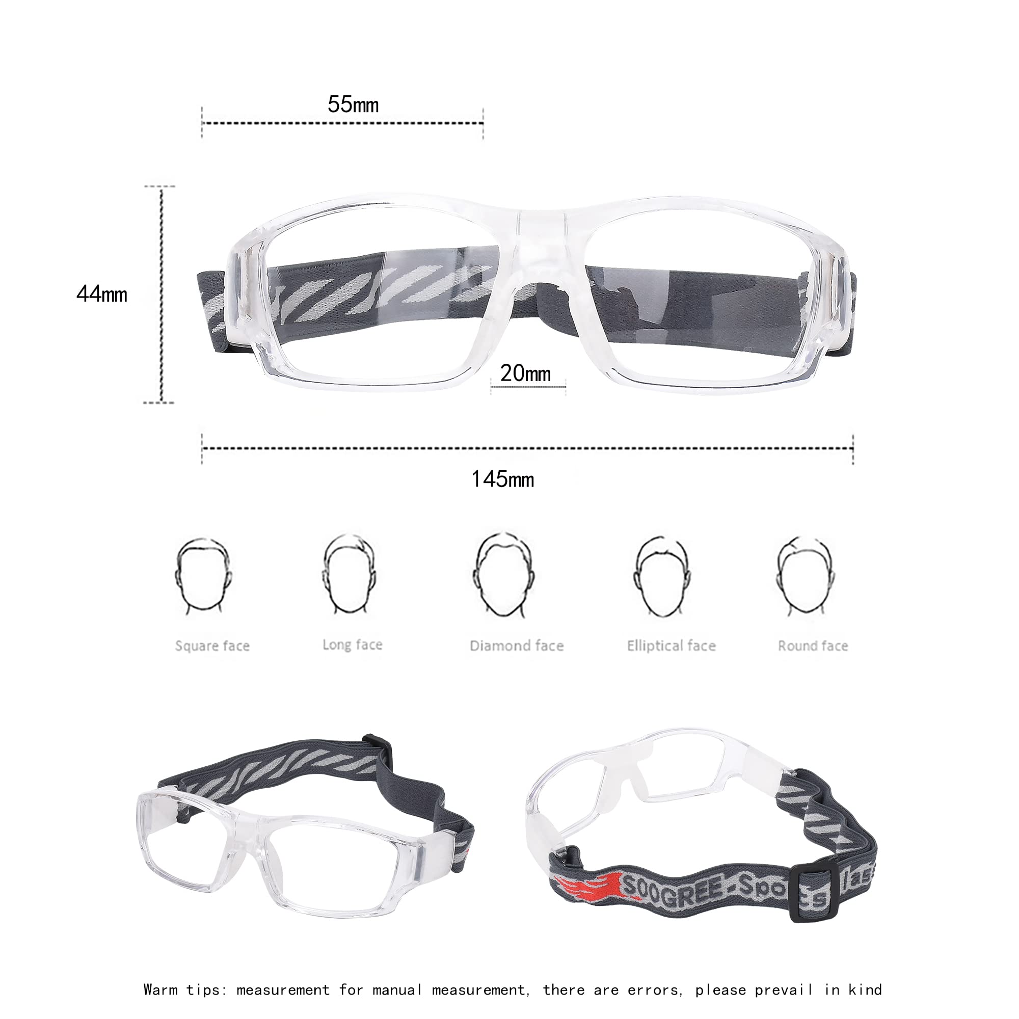 SooGree Sport Glasses Goggles Basketball Soccer Sports Protective Eyewear Goggles Safety Glasses-Replaceable Prescription Lens (8031 Transparent Frame White Pad)