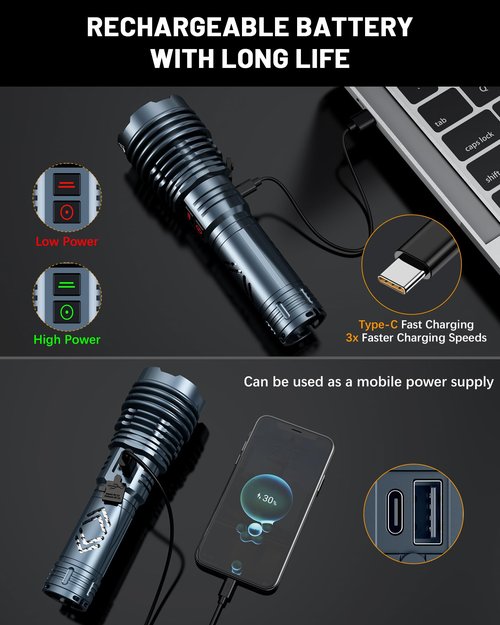 Rechargeable Flashlights 4000.000 High Lumens Super Bright LED Flashlight Flash Light Powered by Battery|25H Long Life|Holster|Zoomable 6Modes|Waterproof Tactical Flashlights for Camping Outdoor Home