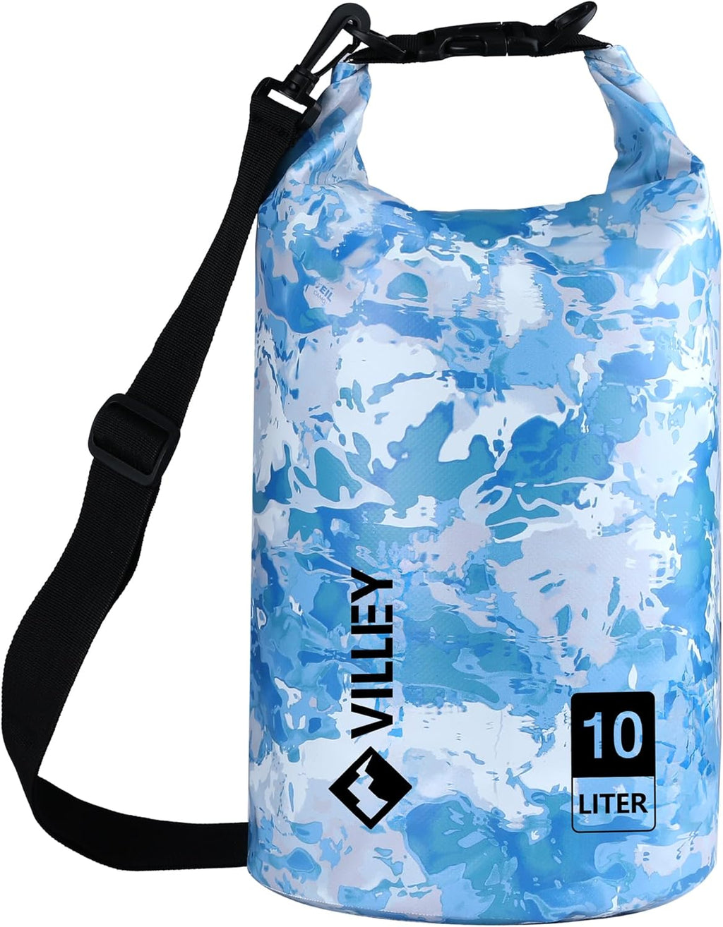 VILLEY Waterproof Dry Bag - 10L Roll Top Backpack for Kayaking, Boating & Camping | Blue Camo Design
