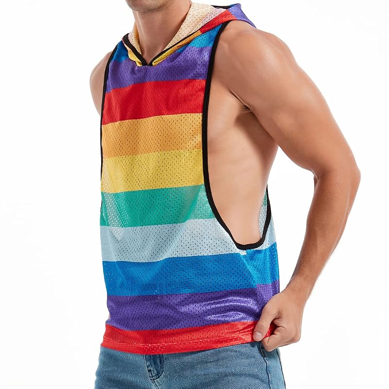 Rainbow X-Large Men’s Sleeveless Hooded Mesh Shirt for Gym & Pride