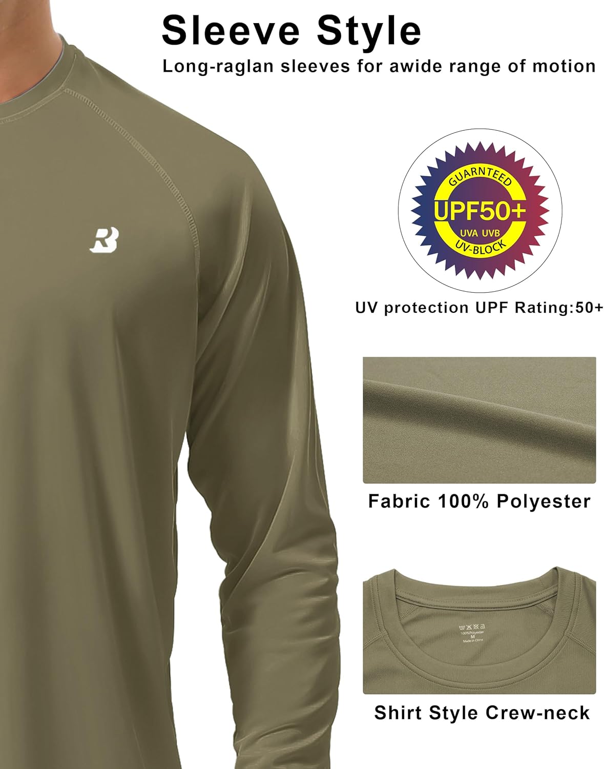 Roadbox Men's UPF 50+ UV Sun Protection Long Sleeve Shirt - SPF Rash Guard for Outdoor Activities