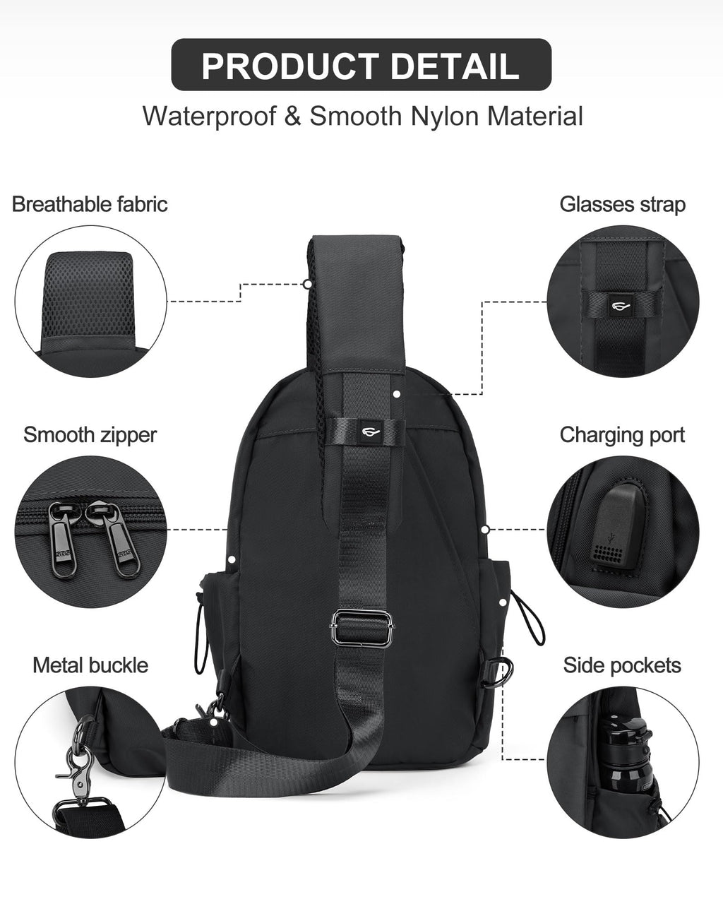 SEAFEW Black Sling Bag for Men Women, Mini Anti Theft One Strap Motorcycle Sling Backpack, Small Sling Chest Bag Daypack Crossbody Backpack for Casual Travel Hiking Gym Outdoor Sports