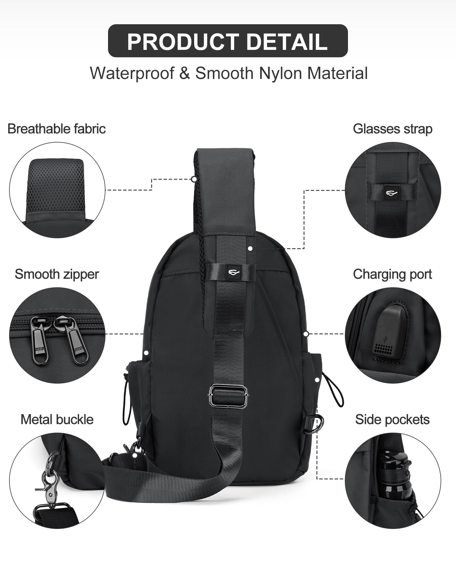 SEAFEW Black Sling Bag for Men Women, Mini Anti Theft One Strap Motorcycle Sling Backpack, Small Sling Chest Bag Daypack Crossbody Backpack for Casual Travel Hiking Gym Outdoor Sports