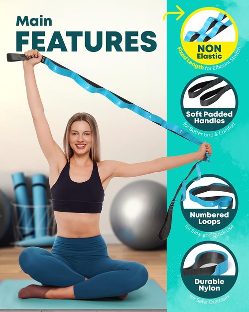 Fascia Stretching Strap with Loops - Non-Elastic Yoga Band for Physical Therapy & Flexibility | Ideal for Hamstring & Leg Stretches