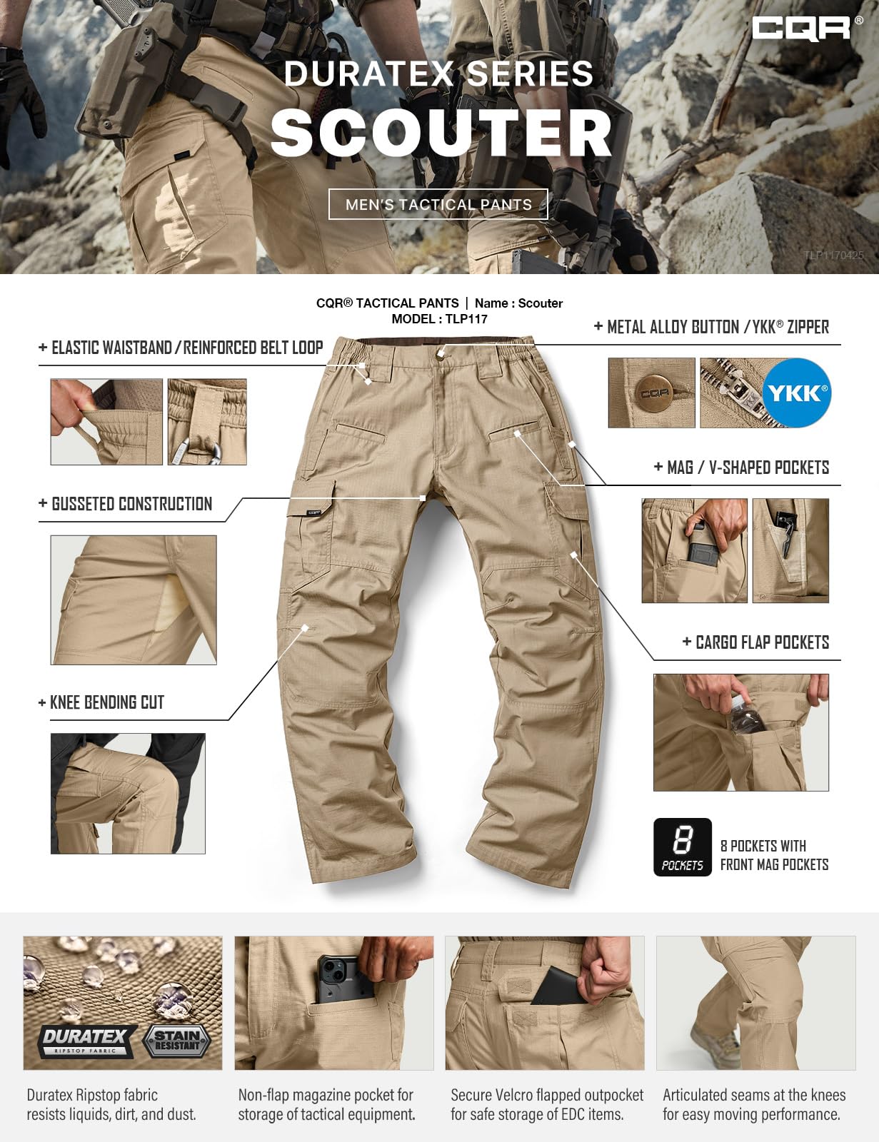 CQR Men's Tactical Pants, Water Resistant Ripstop Cargo Pants, Lightweight EDC Work Hiking Pants, Outdoor Apparel, Raider Khaki, 42W x 30L