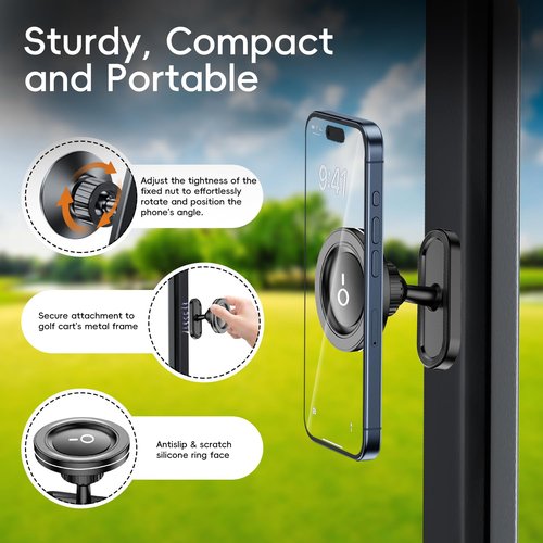 byBOMYA Magnetic Golf Cart Phone Holder for MagSafe iPhone 16 Pro Max Plus 15 14 13 12 Mini, Alloy Strong Magnetic Phone Mount Golf Cart Accessories Compatible with EZGO/Club Cart/Yamaha Golf Cart