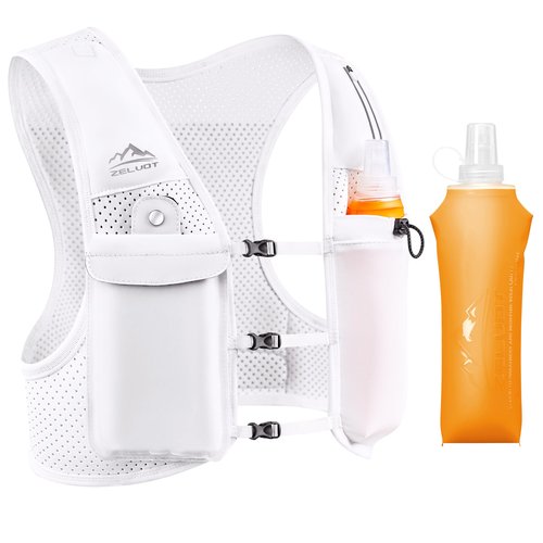 Running Vest for Women Men, USA Original Patent, Adjustable Chest Straps Running Hydration Vest with 500ml Soft Flask, Lightweight Reflective Hydration Backpack for Hiking Cycling (White, M/L)