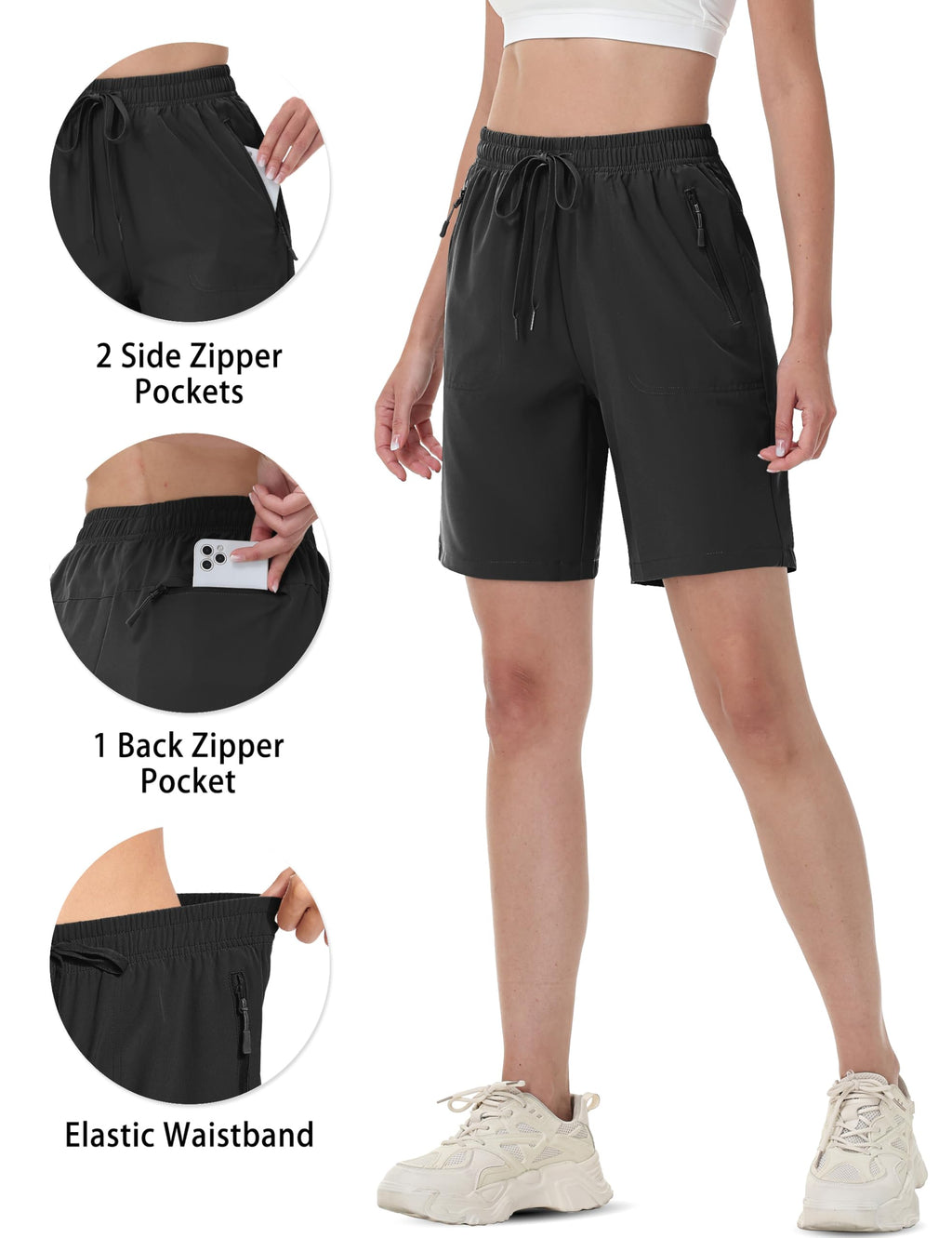 TACVASEN Hiking Shorts for Women Quick Dry Lightweight Golf Athletic Shorts with Pockets Water Resistant Summer UPF 50+ Black L